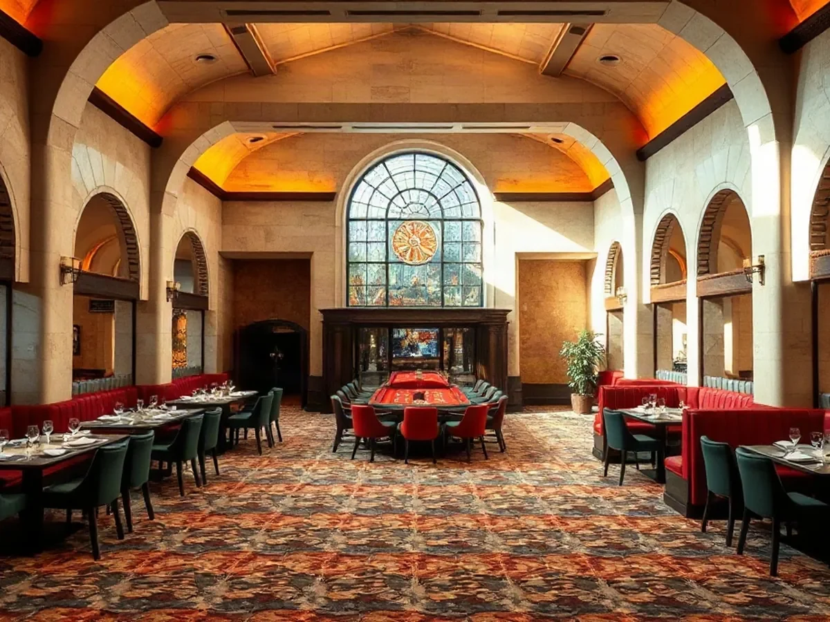 The gaming floor sits beneath sculptural forms, with smoked oak, pale plaster and soft amber pools of light.