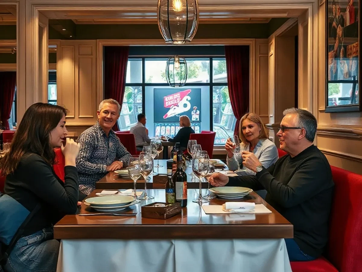 Adults share a brasserie meal at a stone table, with wine-red seating and soft mixed light.