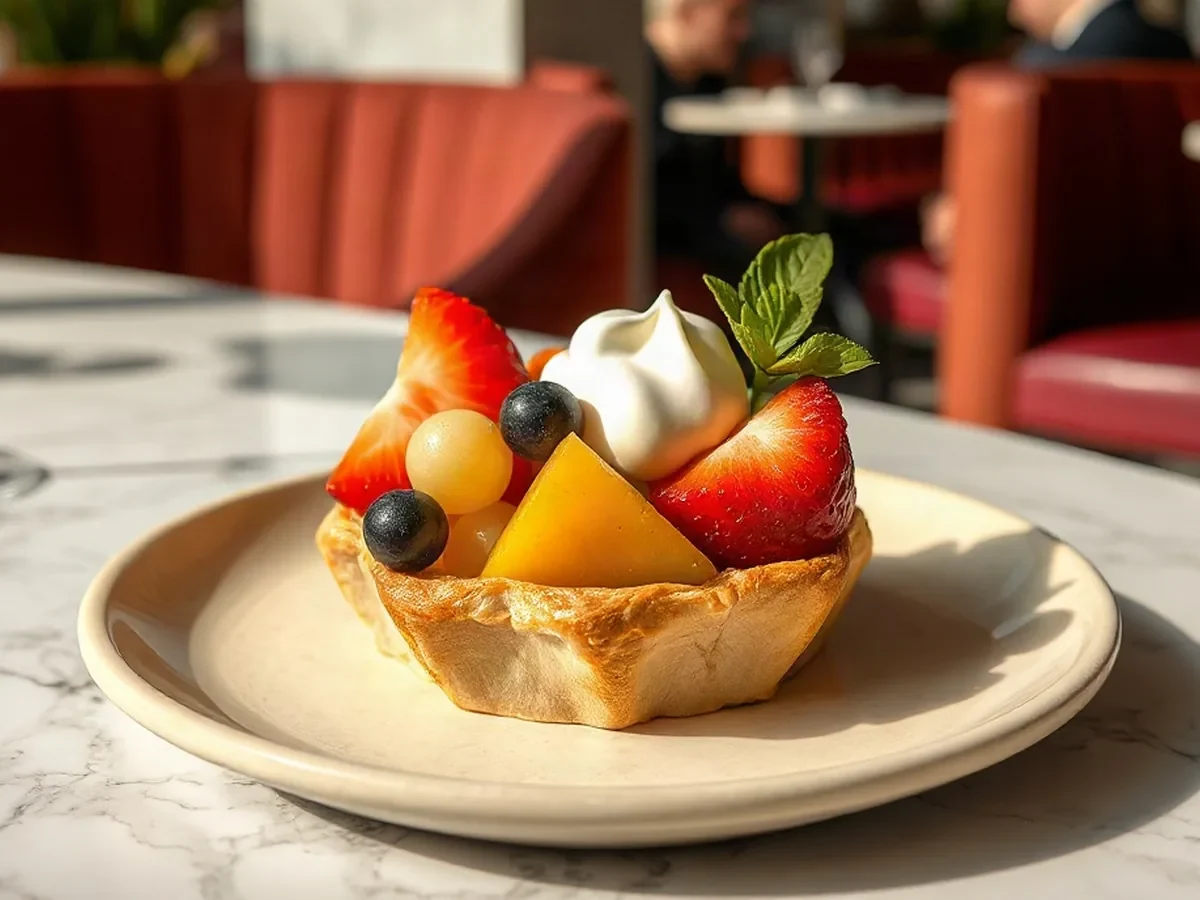 Ripe seasonal fruit, cream and crisp pastry arranged on creamy stoneware in soft daylight.