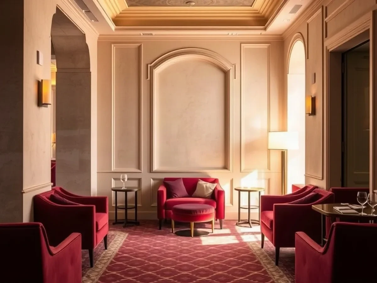 Wine-red lounge chairs and smoked oak tables rest beside pale plaster walls in gentle light.