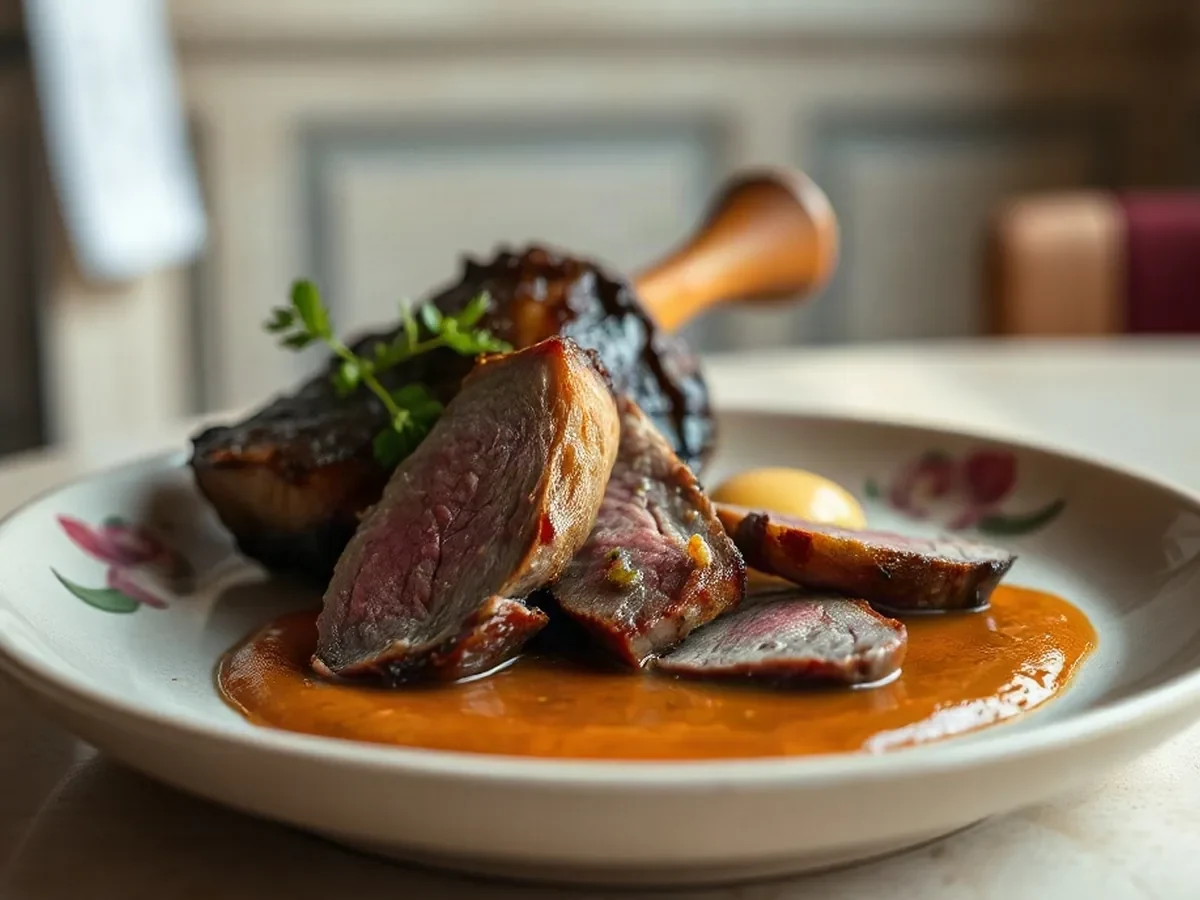 Tender slow-roasted meat with buttery sauce and herbs on a creamy stoneware plate.