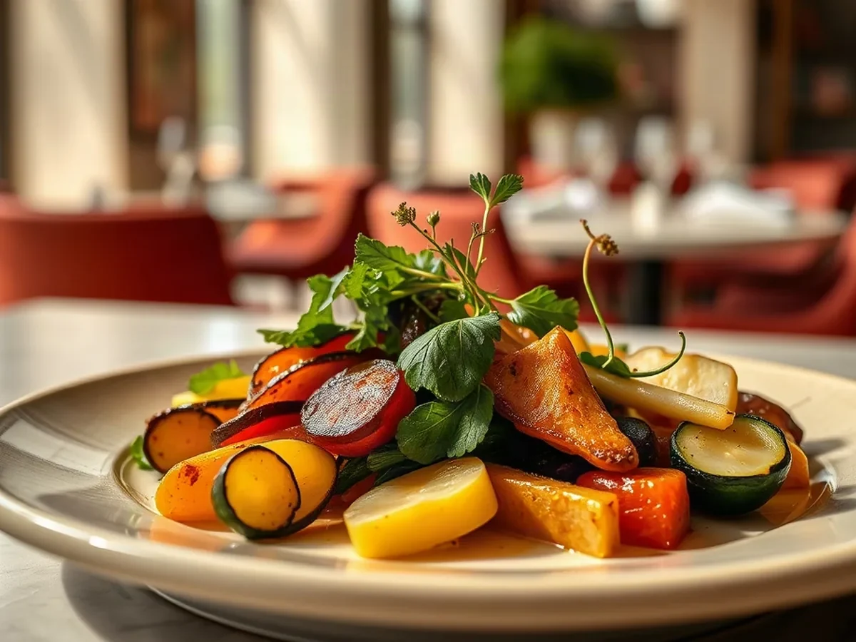Crisp market vegetables and fresh herbs on creamy stoneware in soft daylight.